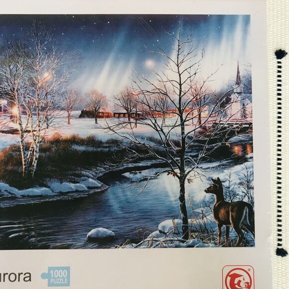 Snow Night Aurora 1000 Piece Jigsaw Puzzle She Shed, Snow Scene, Deer, Pond - Picture 3 of 4